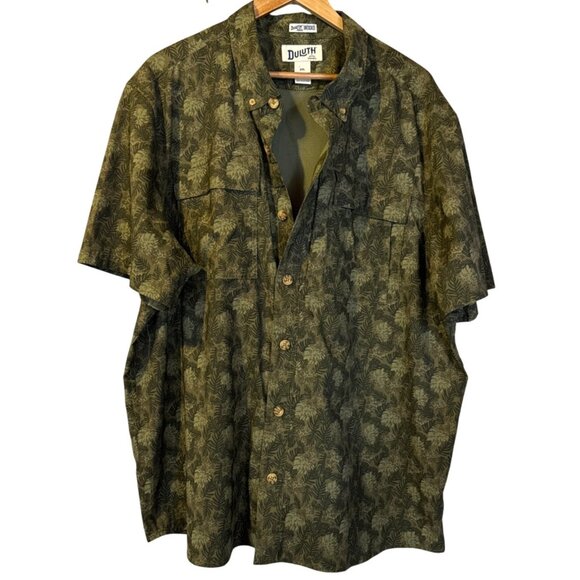 Duluth Trading Co Short Sleeve Button Down Green Palm Print Shirt 2XL Untucked - Picture 1 of 5